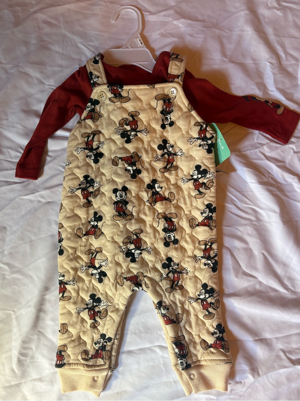 DISNEY BABY Mickey Mouse Quilted Overalls with Rust Long Sleeve Bodysuit 6-9m